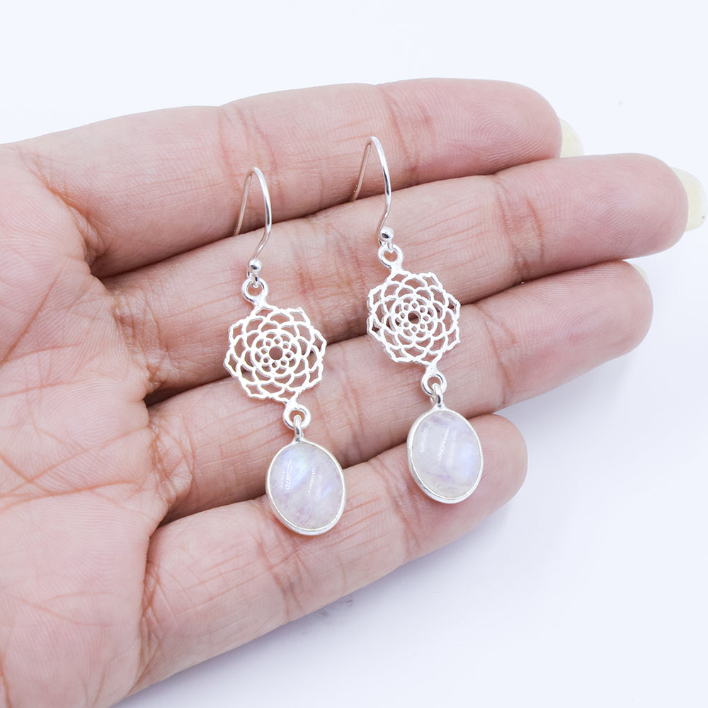 Sterling Silver Rainbow Moonstone Mandala top Dangle Earrings