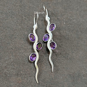 Amethyst Facetted Silver Snake Earring