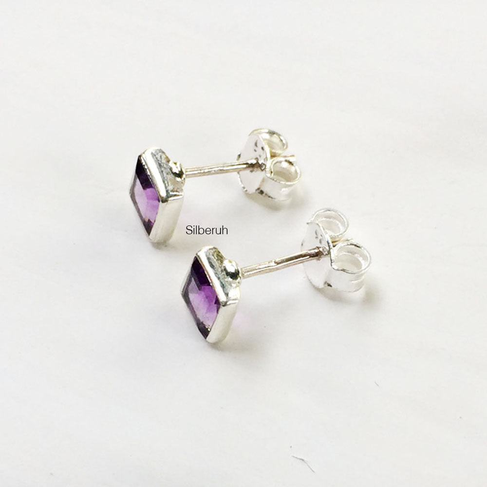 Amethyst Facetted Square Silver Stud – SILBERUH