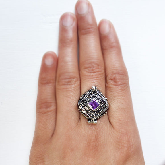 Amethyst Poison Box Silver Ring