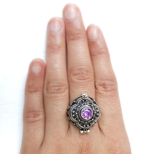 Amethyst Round Poison Box Silver Ring