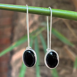 Black Onyx Long Hook Silver Earring