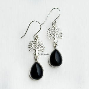 Black Onyx Tree of Life Silver Earring