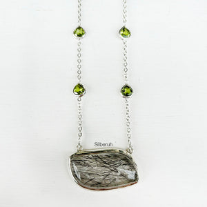 Black Rutile & Peridot Silver Necklace