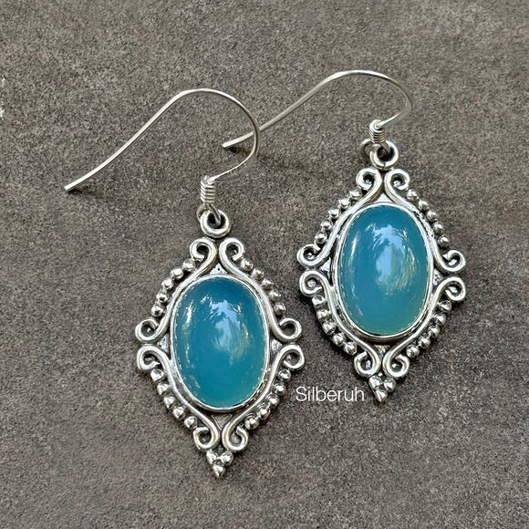 Blue Chalcedony Tribal Silver Earring