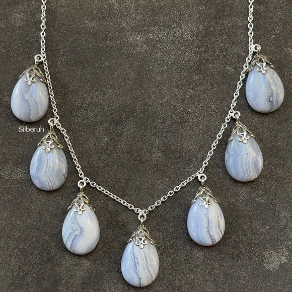 Blue Lace Agate Filigree Drop Silver Necklace