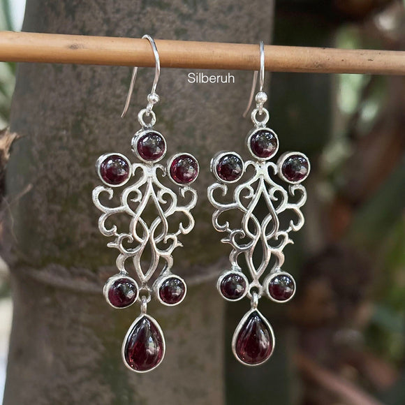 Garnet Filigree Silver Earring