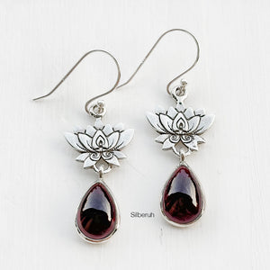 Garnet Lotus Silver Earring