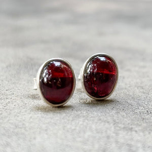 Garnet Oval Silver Stud