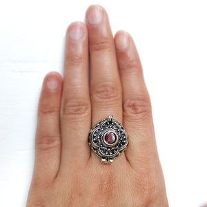 Garnet Round Poison Box Silver Ring