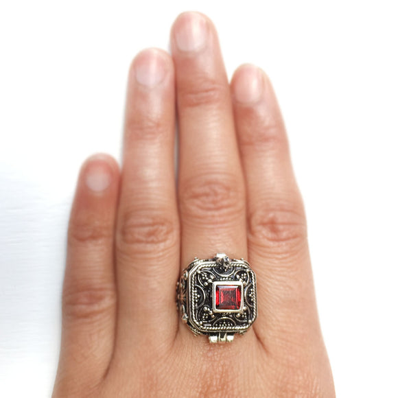 Garnet Square Poison Box Silver Ring