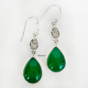 Green Onyx Filigree Drop Silver Earring