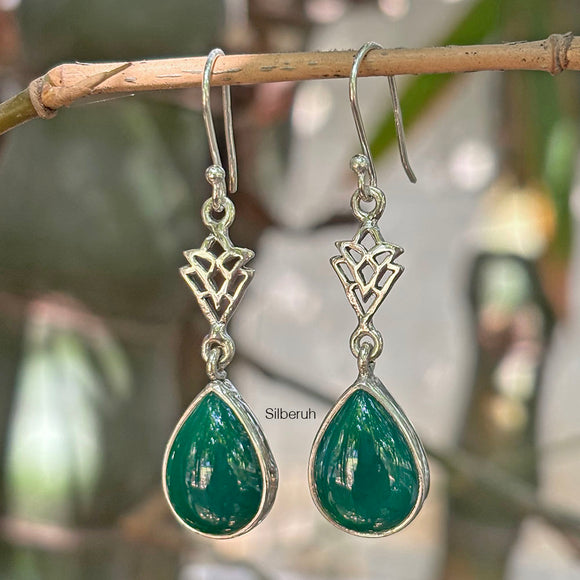 Green Onyx Triangle Drop Silver Earring