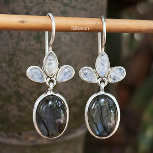 Labradorite & Rainbow Moonstone Silver Earring