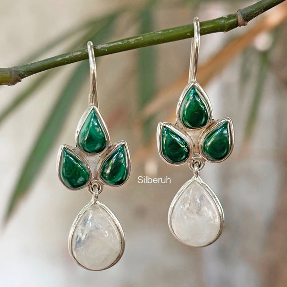 Malachite & Rainbow Moonstone Silver Earring