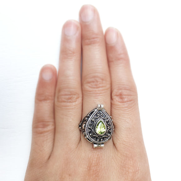 Peridot Teardrop Poison Box Silver Ring