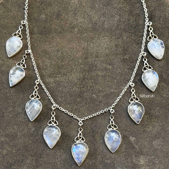 Rainbow Moonstone Celtic Knot Silver Necklace