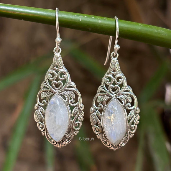 Rainbow Moonstone Jali Silver Earring