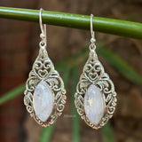 Rainbow Moonstone Jali Silver Earring