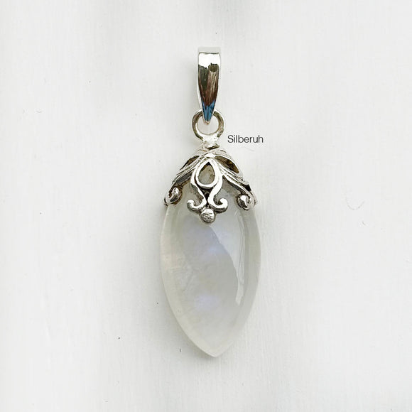 Rainbow Moonstone Marquise Filigree Silver Pendant