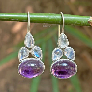 Rainbow Moonstone & Amethyst Silver Earring