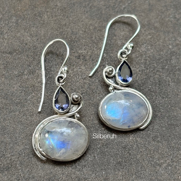 Rainbow Moonstone & Facetted Iolite Silver Earring