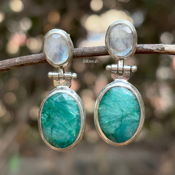 Rainbow Moonstone & Green Ropada Silver Earring