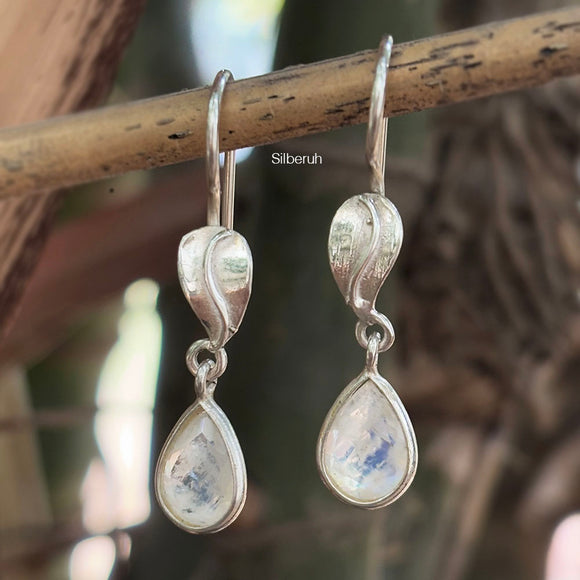 Rainbow Moonstone Leaf Silver Earring