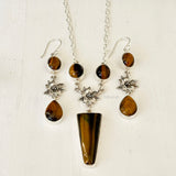 Tiger's Eye Phool Silver Necklace & Earring Set