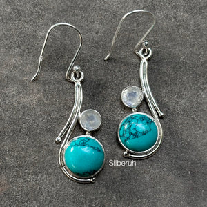 Turquoise & Rainbow Moonstone Silver Earring