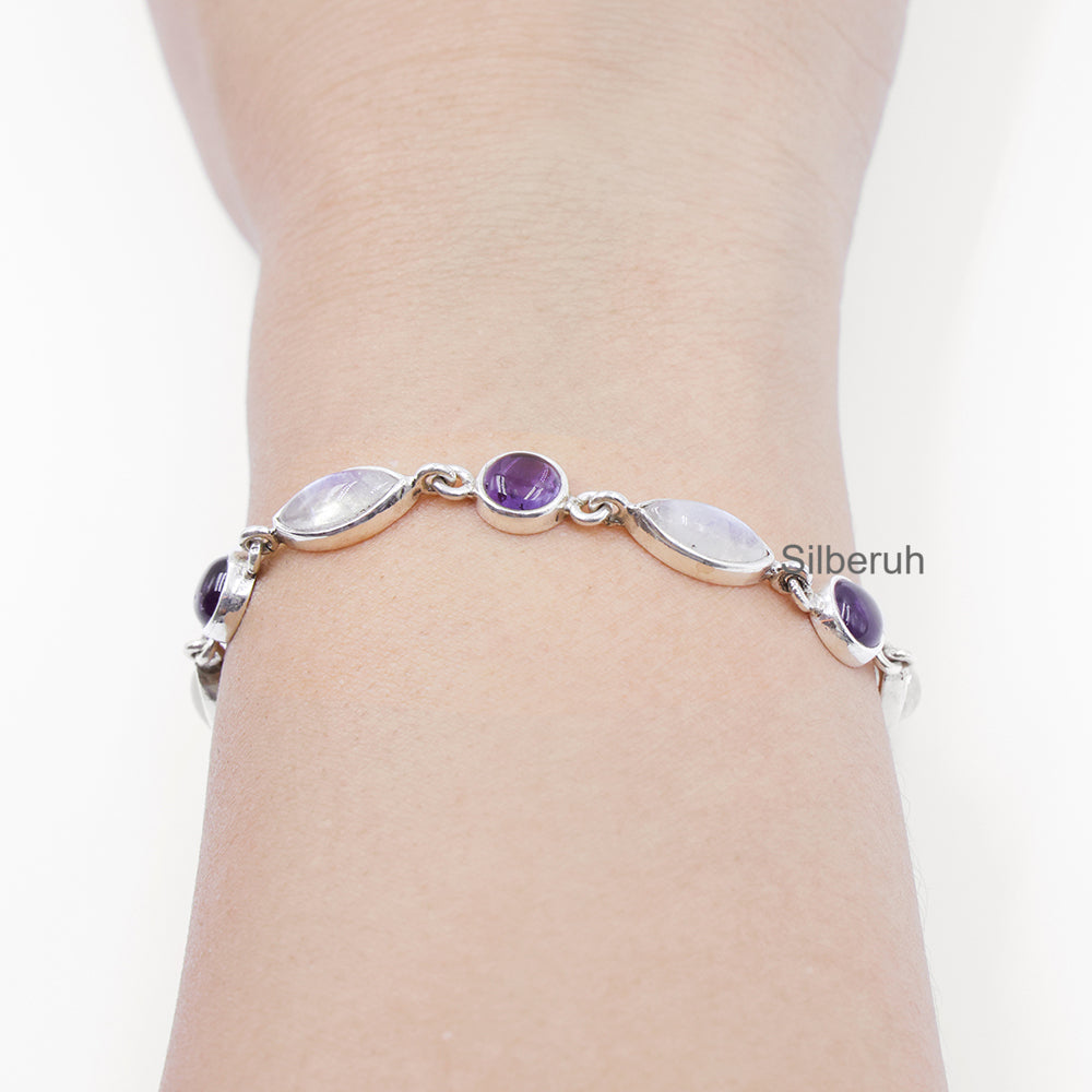 Sterling Silver Amethyst & Rainbow Moonstone Station outlet Bracelet